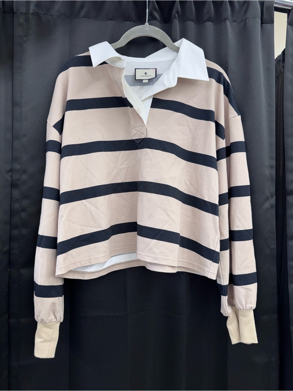 Tuckernuck Beige & Black Striped Rugby Shirt with White Collar